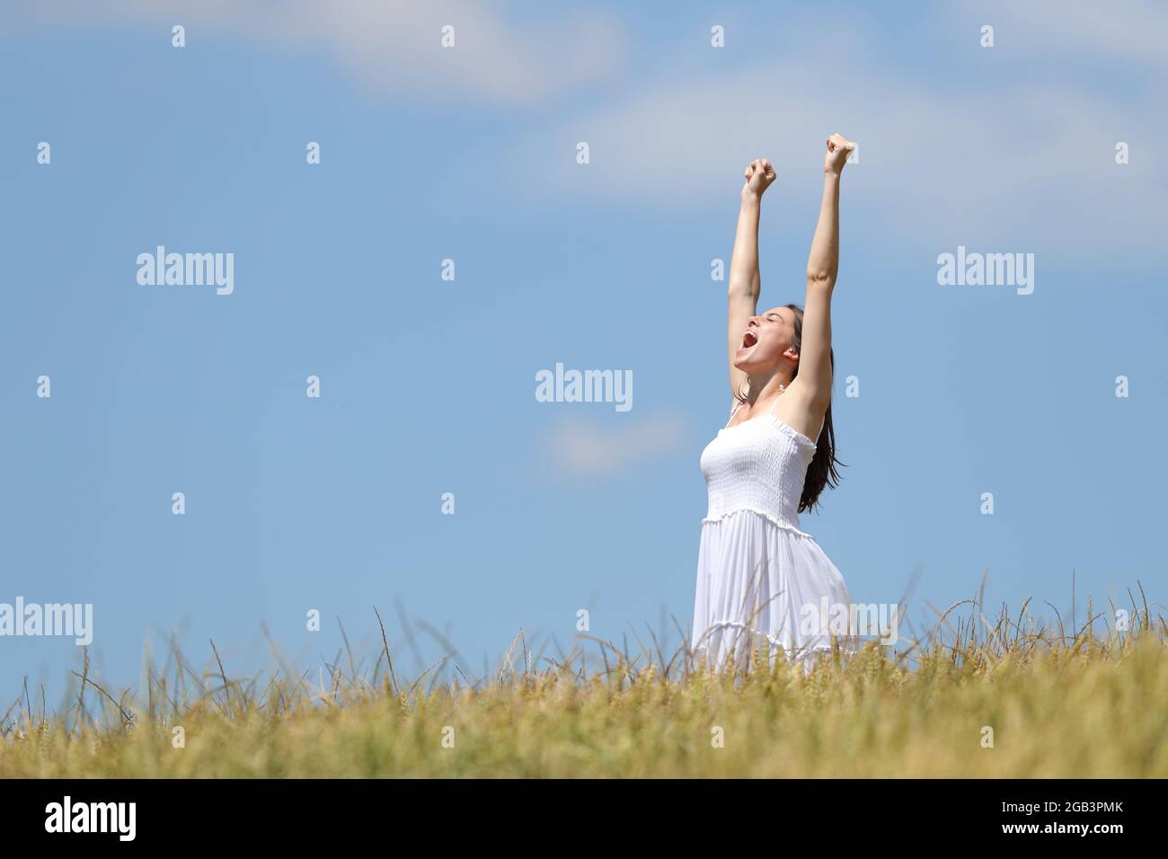 Aufgeregte Frau feiert Sommerurlaub und hebt die Arme in einem Weizenfeld Stockfoto