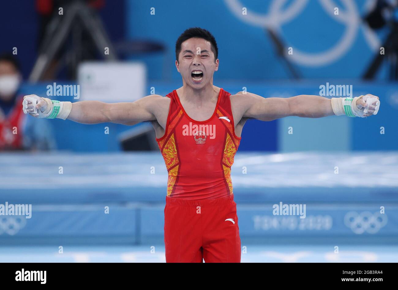 Tokio, Japan. August 2021. You Hao aus China reagiert während des Finales der Kunstturnringe bei den Olympischen Spielen 2020 in Tokio, Japan, am 2. August 2021. Quelle: Zheng Huansong/Xinhua/Alamy Live News Stockfoto