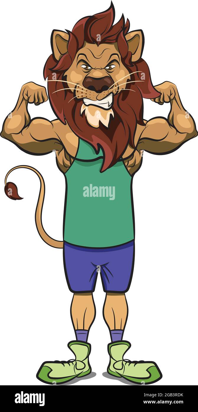 Starker Body Builder Löwe oder Tiger, der die Handmuskeln beugt. Anthropomorphe Tiere. Cooler Löwe-Charakter mit Laufschuhen und 6 Pack abs. Anthropomorphi Stock Vektor