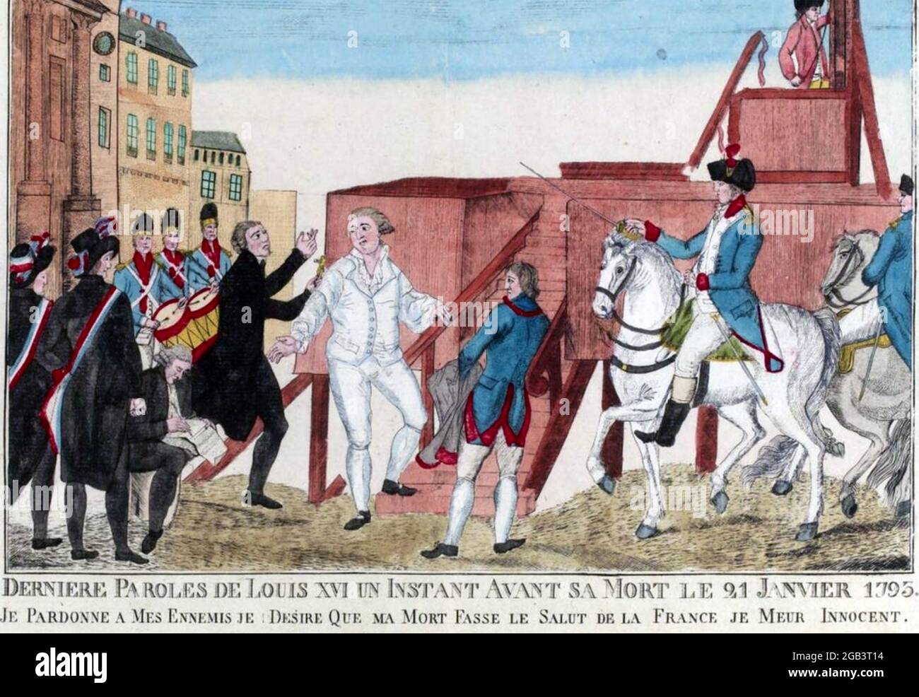 LUDWIG XVI. Von Frankreich (1754-1793) Französische Gravur mit dem Titel 'Letzte Worte Ludwigs XVI. Einen Augenblick vor seinem Tod am 21. Januar 1893:Ich vergebe meinen Feinden, ich hoffe, dass mein Tod Frankreich Rettung bringen wird, ich sterbe unschuldig'. Es wird gezeigt, wie er mit seinem Beichtvater, dem irischen katholischen Priester Henry Edgeworth, spricht Stockfoto