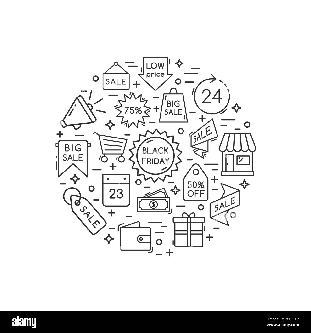 Black Friday Sale Icons Kollektion. Vektor-Vorlage für Werbedesign. Stock Vektor