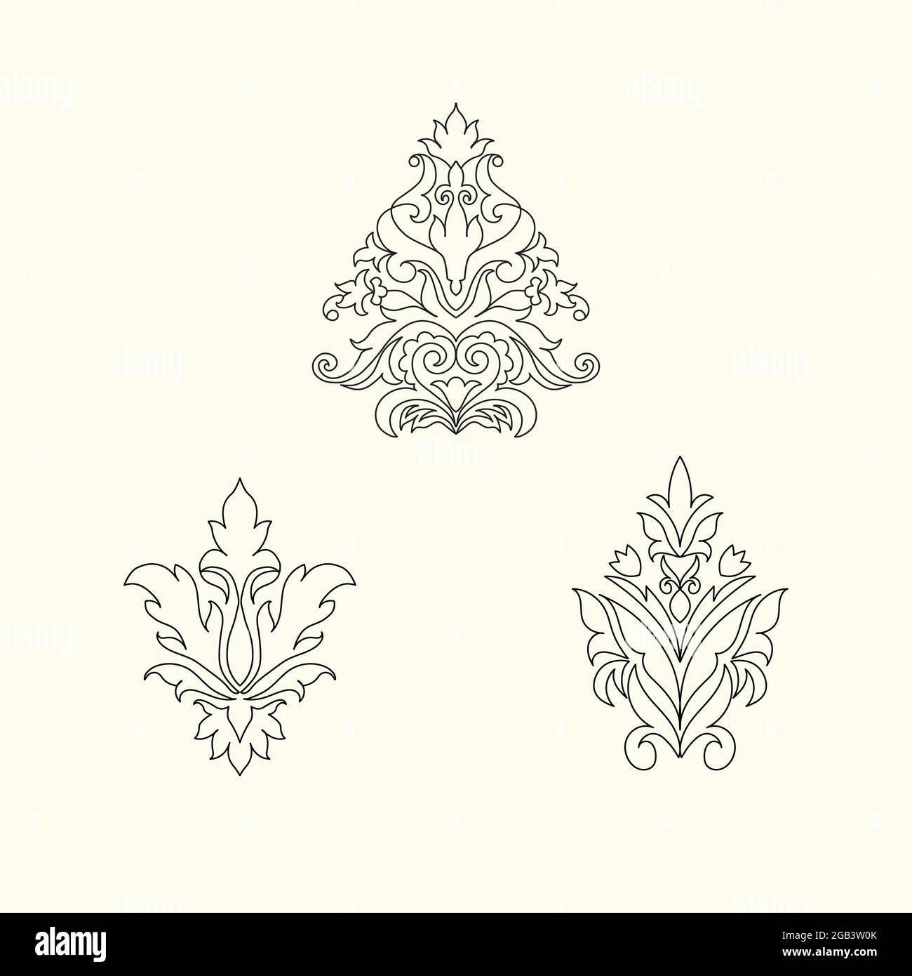 Dekorative Damast Vektor-Designs für Tapete, Textil, Oberfläche, Mode, Hintergrund, Fliese, Schreibwaren, Wohnkultur, Möbel usw. Stock Vektor