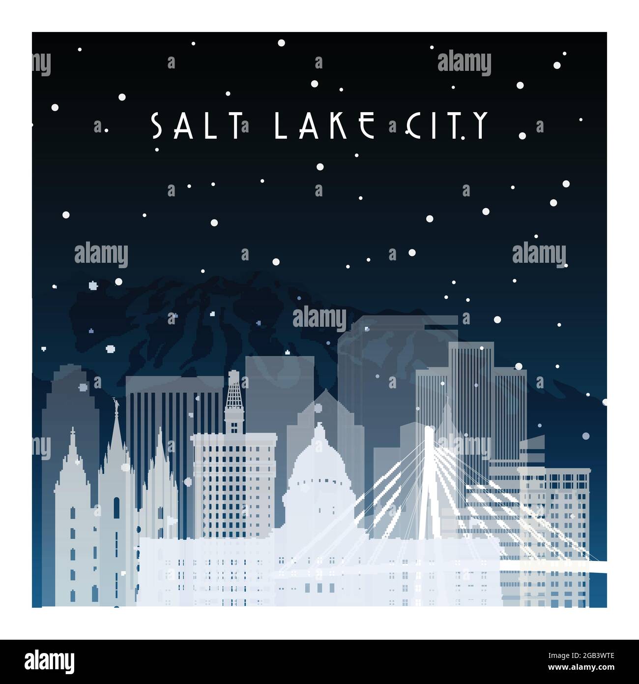 Winternacht in Salt Lake City. Nachtstadt im flachen Stil für Banner, Poster, Illustration, Hintergrund. Stock Vektor