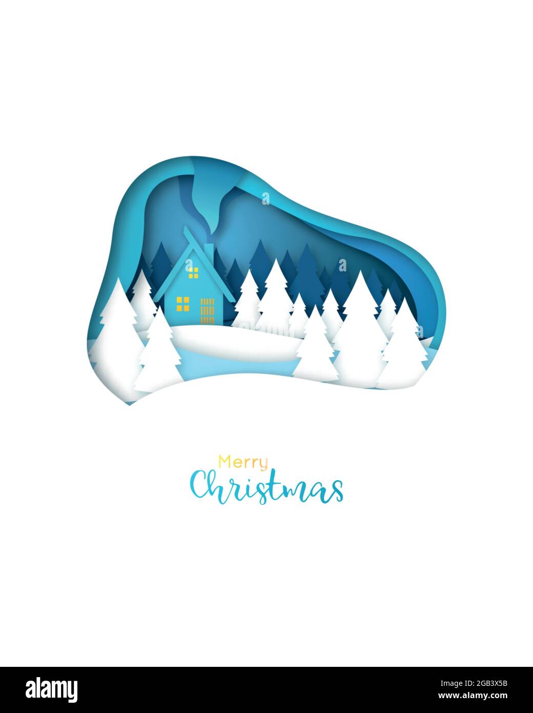 Frohe Weihnachten Grußkarte. Papierkunst. Haus im Wald. Weihnachtsnacht. Stock Vektor