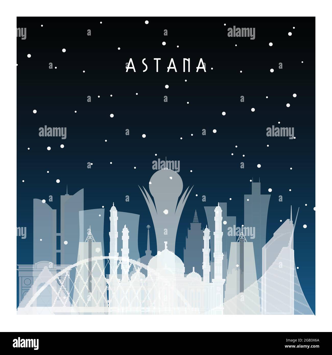Winternacht in Astana. Nachtstadt im flachen Stil für Banner, Poster, Illustration, Hintergrund. Stock Vektor