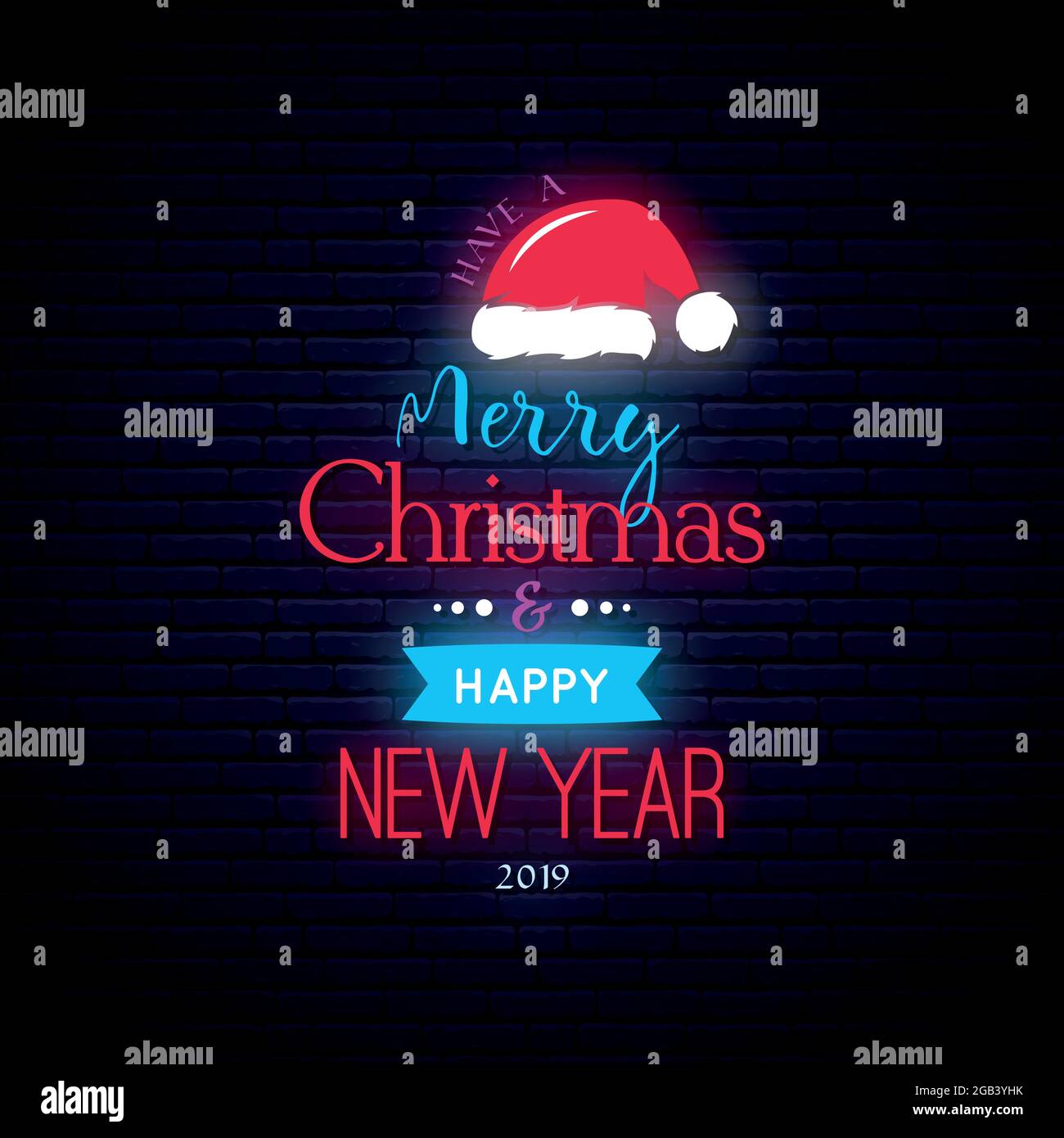 Frohe Weihnachten und ein glückliches neues Jahr Banner. Neoneffekt. Vektorgrafik. Stock Vektor