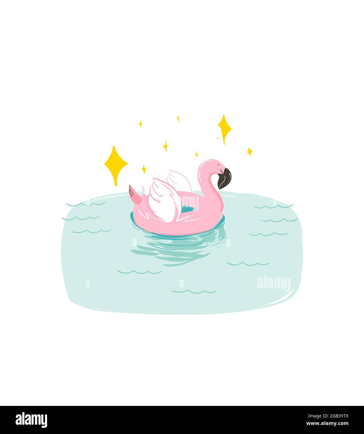 Handgezeichnete Vektorgrafik abstrakte Spaß Sommer Zeit Illustration Karte mit schwimmenden rosa Flamingo Schwimmkreis in blauen Wellen isoliert auf weißem Hintergrund Stock Vektor