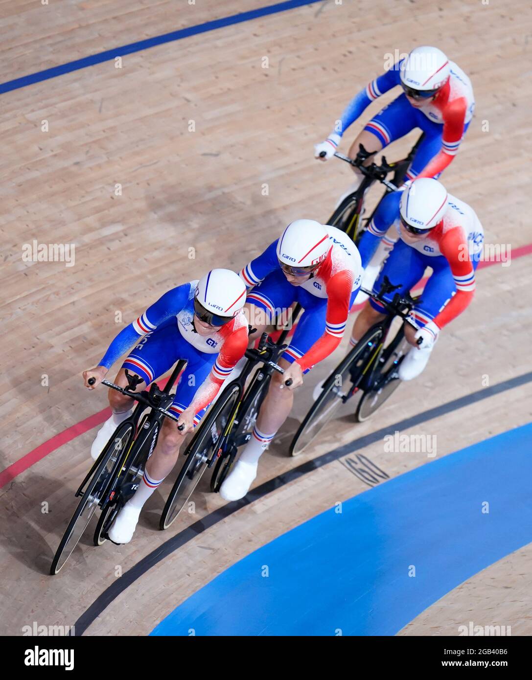 Victoria Berteau, Marion Borras, Valentine Fortin und Marie le Net aus Frankreich beim Women's Team Pursuit Qualifying auf dem Izu Velodrome am zehnten Tag der Olympischen Spiele 2020 in Tokio in Japan. Bilddatum: Montag, 2. August 2021. Stockfoto