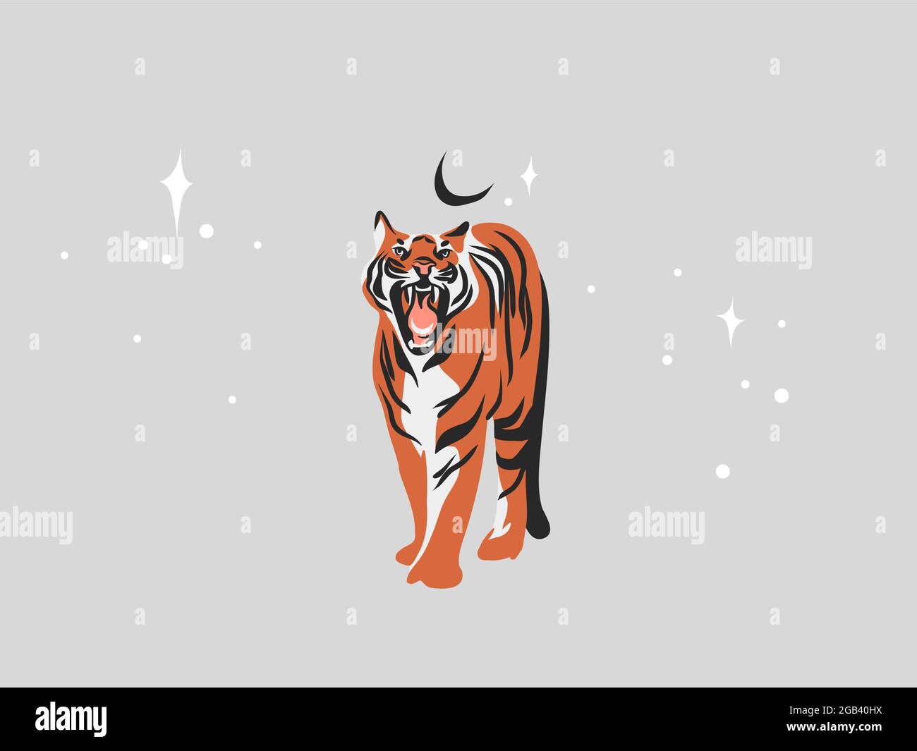 Handgezeichneter Vektor abstrakter Stock flache Grafik-Illustration mit ethnischen Tribal Mystic schönen Tiger in der Wildnis, und magische Sterne in einfachem Stil Stock Vektor