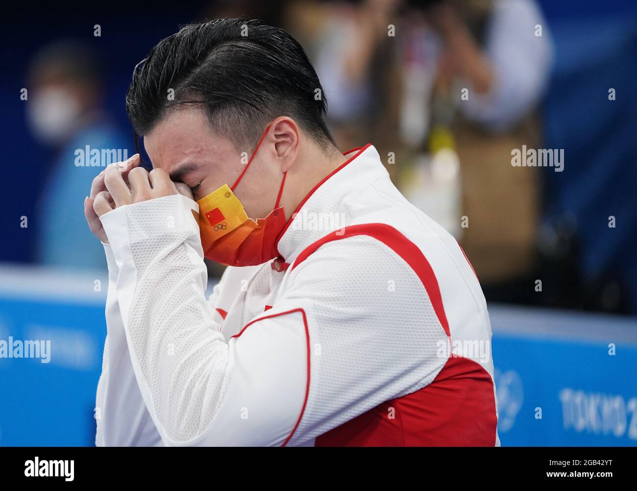 (210802) -- TOKIO, 2. August 2021 (Xinhua) -- Liu Yang aus China reagiert nach dem Finale der Kunstturnen-Ringe bei den Olympischen Spielen 2020 in Tokio, Japan, am 2. August 2021. (Xinhua/Cheng Min.) Stockfoto