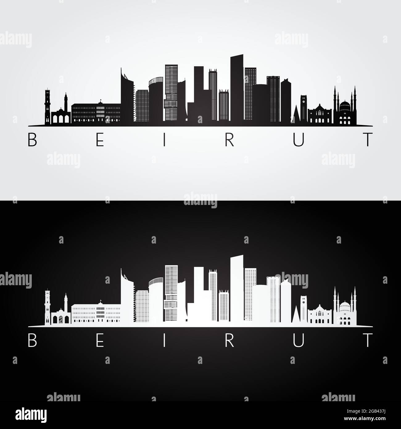 Skyline von Beirut und Wahrzeichen Silhouette, schwarz-weißes Design, Vektor-Illustration. Stock Vektor