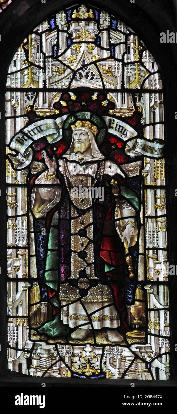 Buntglasfenster von Percy Bacon & Brothers mit Darstellung von König Bertric oder Beorhtric von Wessex, Lady St Mary Church, Wareham, Dorset Stockfoto