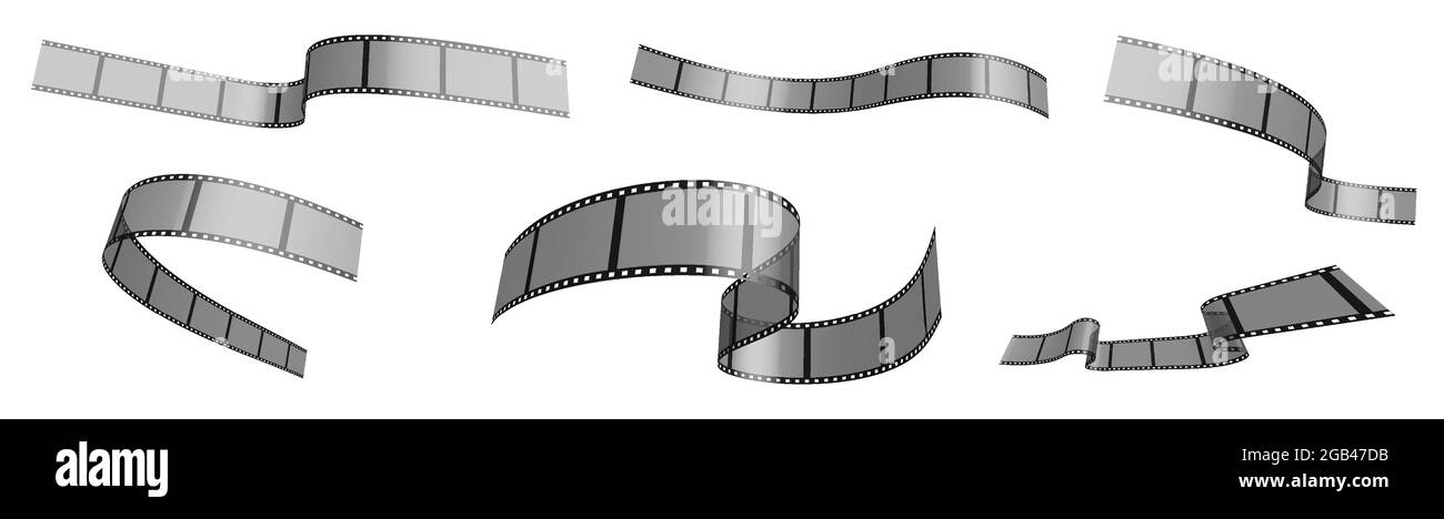 Set mit Fotofilmbändern. Schmale Streifen aus 35 mm Klebeband zum Filmen von Winken im Wind. Trennung in untere und obere Schichten. Designelement. 3d-Vektor o Stock Vektor