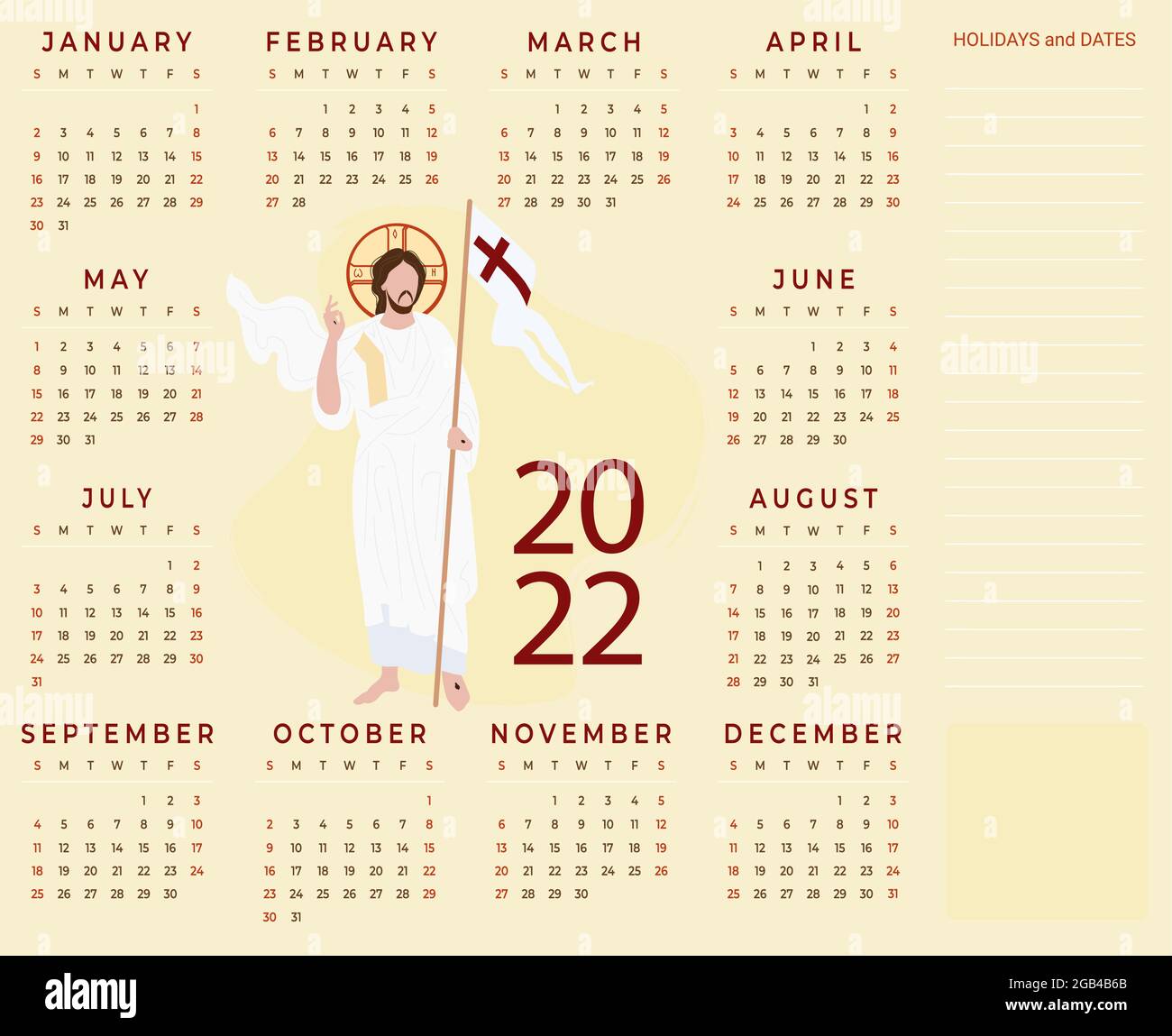 Jahreskalender 2022. Religiöser Kalender mit Jesus Christus dem Erlöser auf beigem Hintergrund 