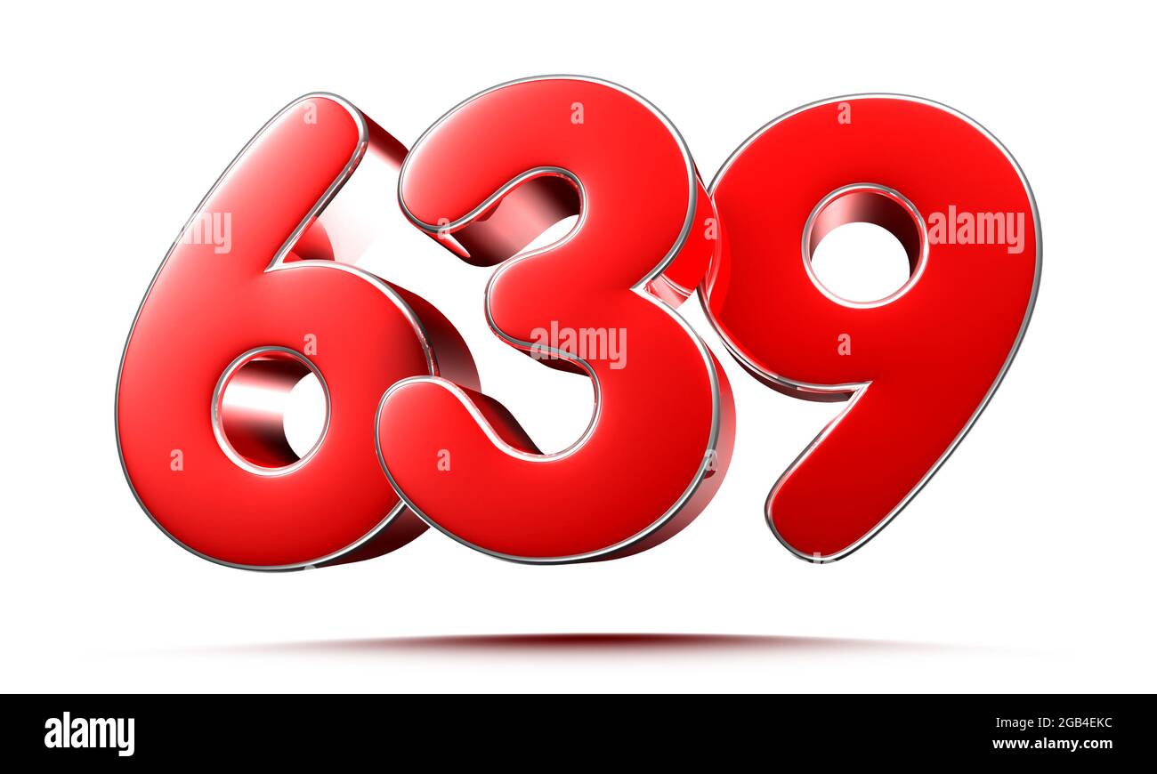 Abgerundete rote Zahlen 639 auf weißem Hintergrund 3D-Abbildung mit Beschneidungspfad Stockfoto