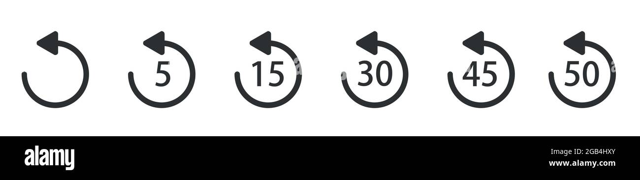 WebRepeat 5, 15, 30, 45 Sekunden Einfache Vektorsymbole auf Weiß. Wiedergabesymbole. Wiedergabesymbol für Anwendung und Web- oder Media-Player. Stock Vektor