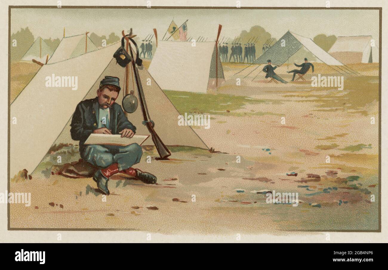 Unionssoldat, der vor dem Zelt im Armeelager eine Zeichnung macht von Reed, Charles Wellington, 1841-1926, Künstler; Harlow, Louis K. (Louis Kinney), 1850-1913, Künstler Stockfoto