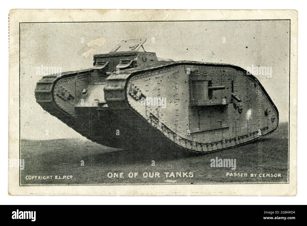 Originalpostkarte aus der Zeit des 1. Weltkrieges, eines frühen Panzers, 'einer unserer Panzer', Marke 1V Tank, herausgegeben von E.L.P. Co. East London Publishing Company, veröffentlicht am 19. Dezember 1917, Großbritannien Stockfoto