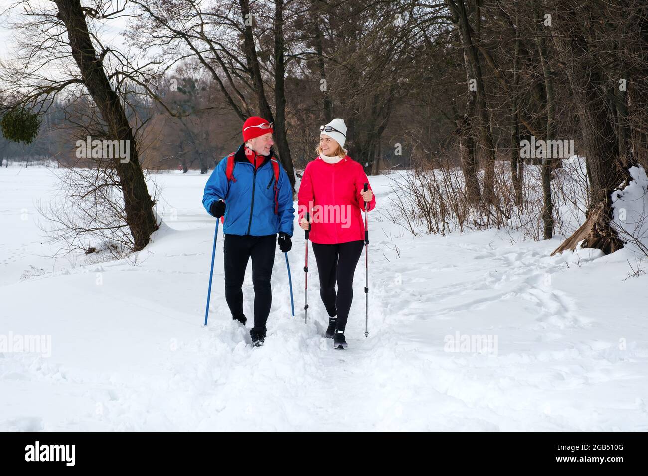 Senior Paar Walking mit nordic Walking Stöcken im verschneiten Winter Wald Stockfoto