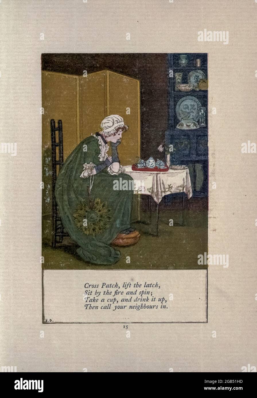 Cross Patch, heben Sie den Riegel, sitzen am Feuer und drehen; nehmen Sie eine Tasse, und trinken Sie es, dann rufen Sie Ihre Nachbarn in. Aus dem Buch Mother Goose : Oder die alten Kinderreime von Kate Greenaway, graviert und gedruckt von Edmund Evans, veröffentlicht 1881 von George Routledge und Sons London nad New York Stockfoto
