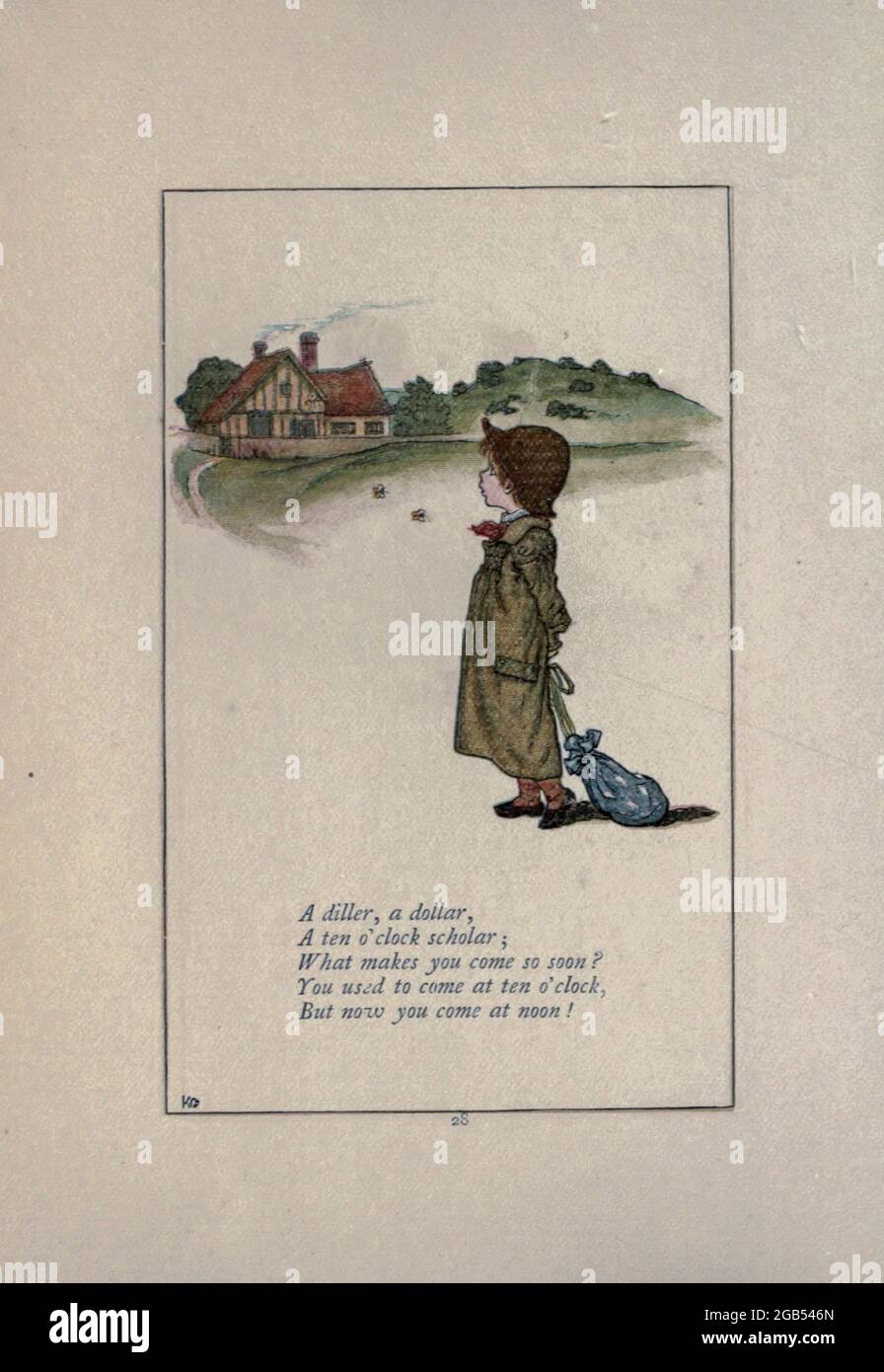 Ein diller ein Dollar, EIN zehn-Uhr-Gelehrter , Was macht Sie so bald kommen ? Früher kamen Sie um zehn Uhr. Aber jetzt kommen Sie um 12 Uhr! Aus dem Buch Mother Goose : Or, die alten Kinderreime von Kate Greenaway, graviert und gedruckt von Edmund Evans, veröffentlicht 1881 von George Routledge und Sons London nad New York Stockfoto