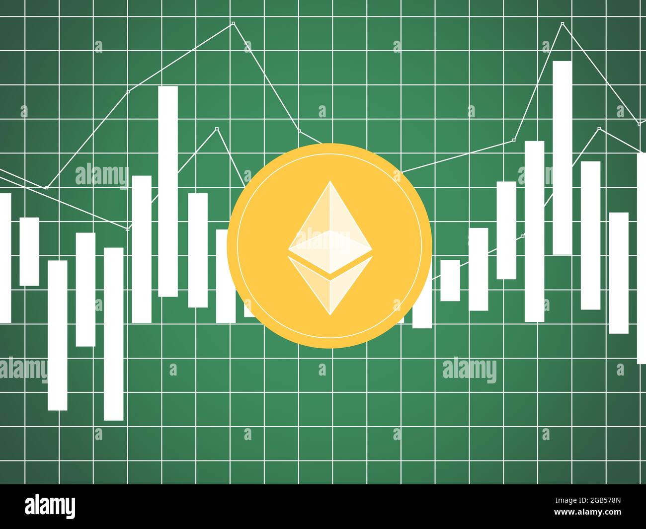 Ethereum auf mehrfarbigen Metriken und Diagrammen auf mehrfarbigen Hintergründen und der Weltkarte Stockfoto