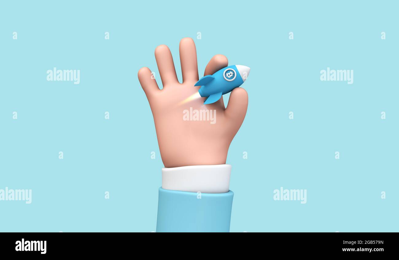 Cartoon 3d Hand hält eine Bitcoin Krypto Währung Rakete starten. 3D-Rendering Stockfoto