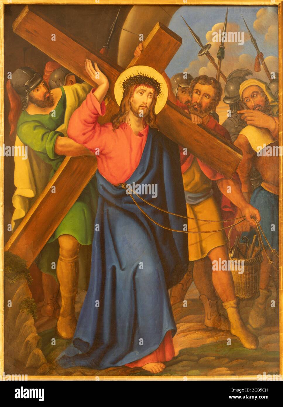 WIEN, AUSTIRA - 17. JUNI 2021: Das Gemälde Jesus trug sein Kreuz als Teil der Kreuzweg Stationen in der Kirche Rochuskirche von unbekannten Künstler. Stockfoto