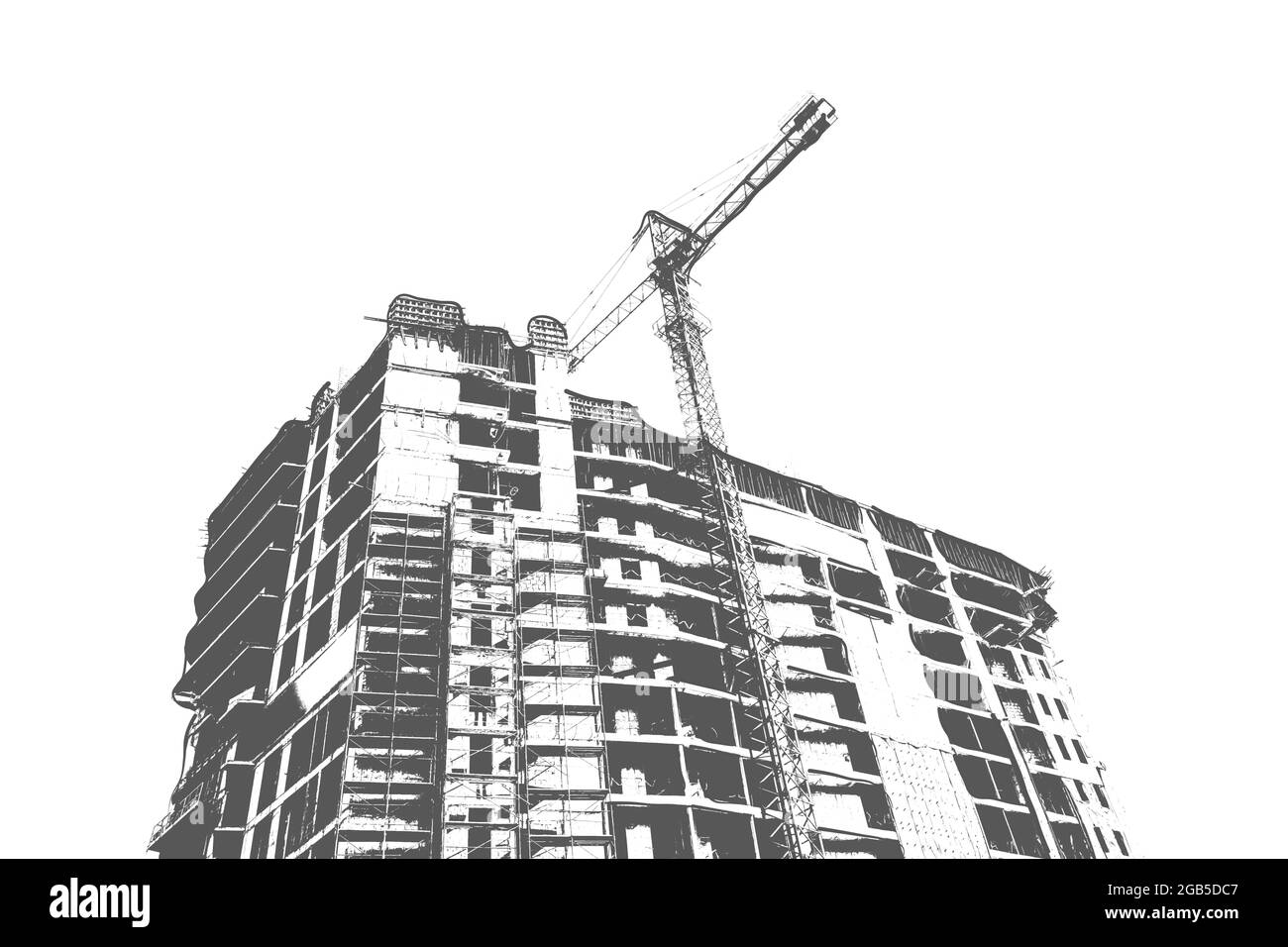 Schwarz-weißer Druck eines mehrstöckigen Wohngebäudes im Bau und eines Baukran auf weißem Hintergrund Stockfoto