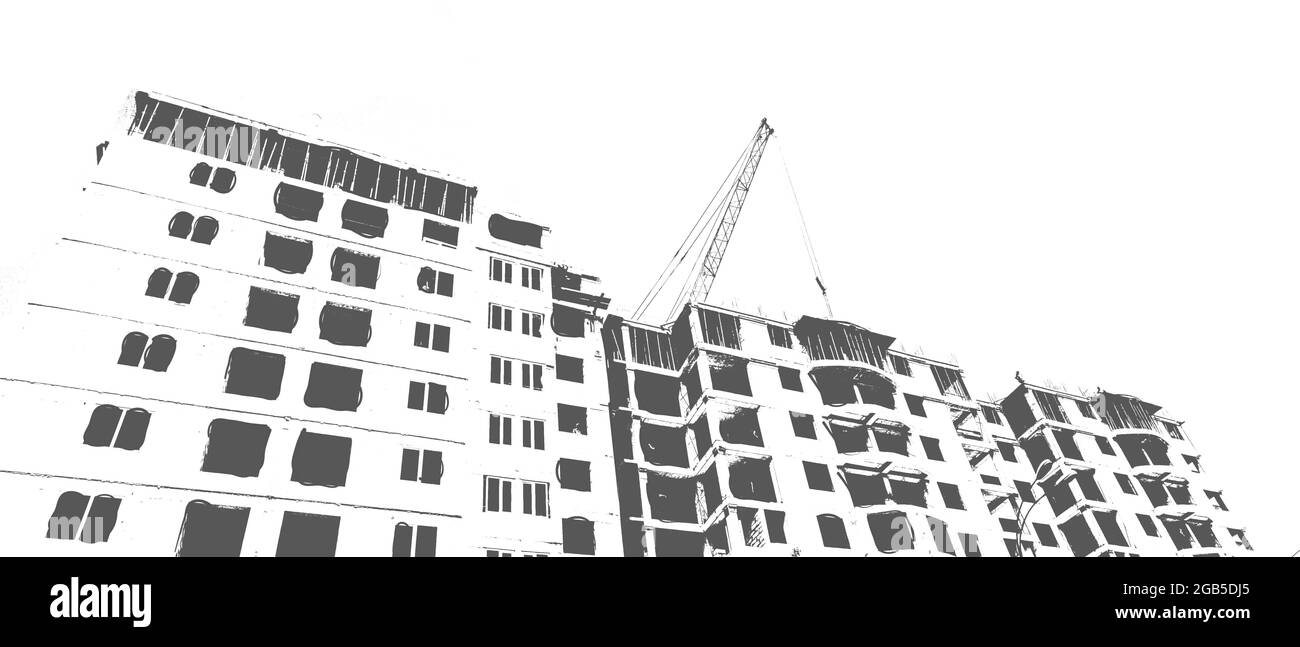 Schwarz-weißer Druck eines mehrstöckigen Wohngebäudes im Bau und eines Baukran auf weißem Hintergrund Stockfoto