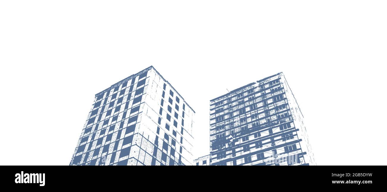 Blauer Druck eines mehrstöckigen Wohngebäudes im Bau und eines Baukran auf weißem Hintergrund Stockfoto