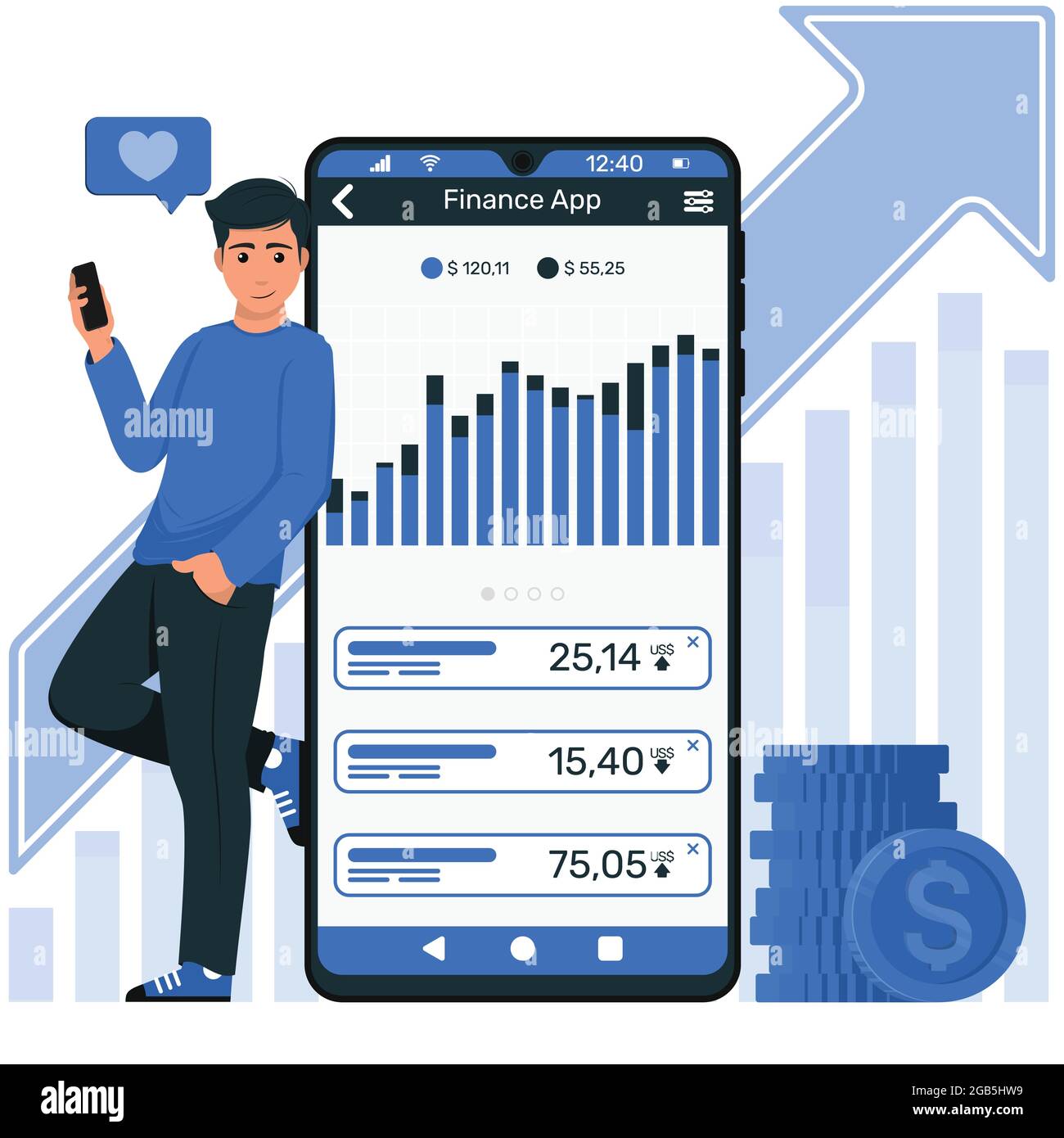 Vektor-Design junger Mann mit Mobile Watching Finance App, Finanzen mobile Anwendung zeigt eine Gewinnkurve in Dollar Stock Vektor