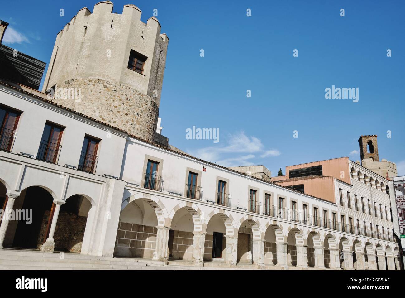 Die Plaza Alta de Badajoz (Spanien) war jahrhundertelang das Zentrum der Stadt, da sie die Grenzen der muslimischen Zitadelle überschritten hat. Bevor es bekannt war als Stockfoto