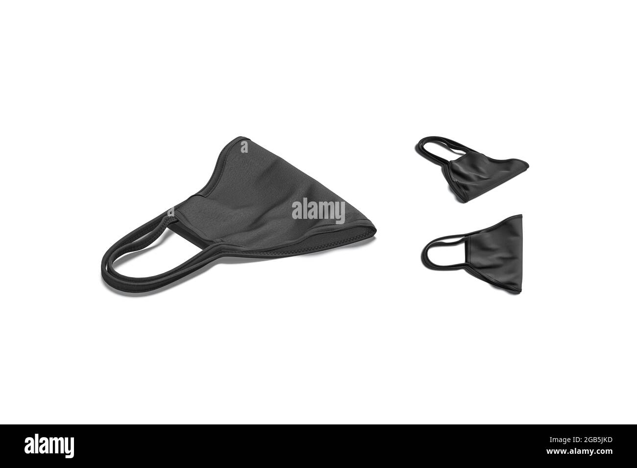 Leeres schwarzes Gewebe gefaltete Gesichtsmaske Mockup liegend, verschiedene Ansichten, 3d-Rendering. Leere Schutzbandage für Gesundheitswesen Mock up, isoliert. Klares Tuch f Stockfoto