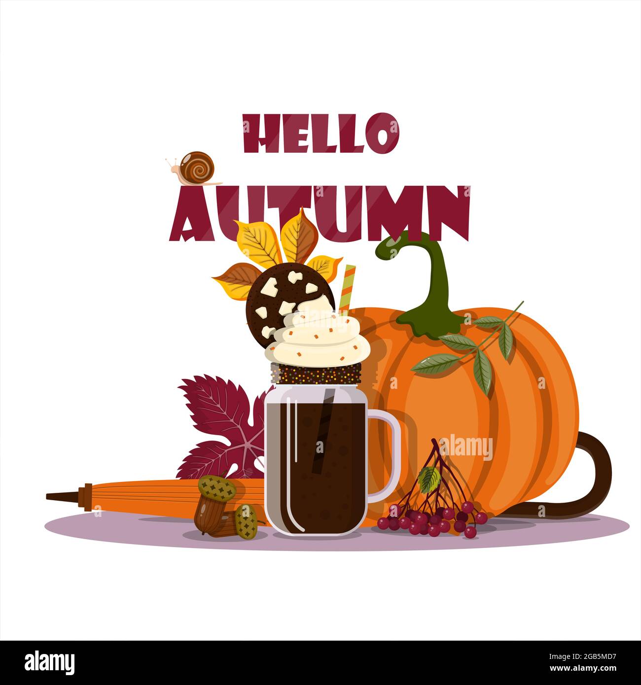Herbst Vektor Stillleben. Herbstlicher Kaffee, Kürbis und Blätter für Cafés, Menüs, werbliche Danksagungstag Stock Vektor