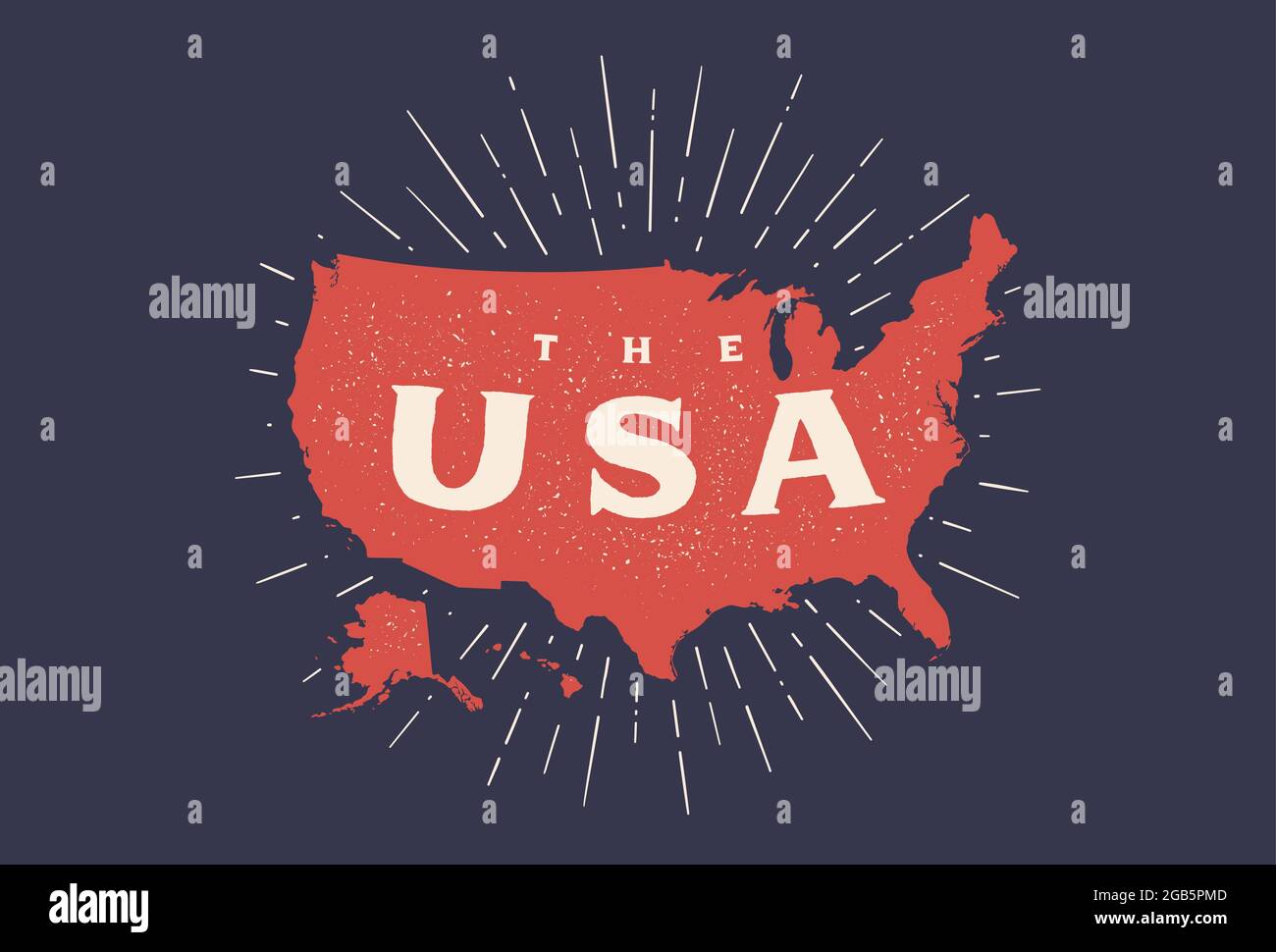 USA. Posterkarte der Vereinigten Staaten von Amerika. Drucken Sie Karte von USA für T-Shirt, Poster. Handgezeichnete Karte mit Stil und linearem Zeichnen von Lichtstrahlen, Sonnenstrahlen und Sonnenstrahlen. Vektorgrafik Stock Vektor