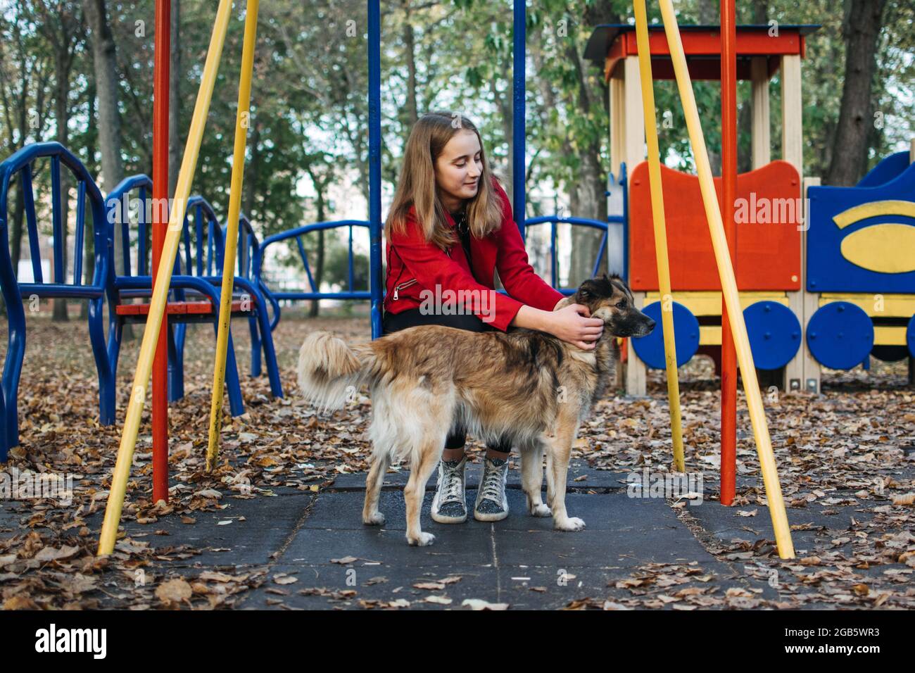 Ehrenamtlich, helfen Charity Teenager Frau mit Hund retten. Teen Mädchen und obdachlosen streunenden Hund spielen im Herbst Park. Teenager Freiwillige Mädchen treffen streunenden Hund in Stockfoto