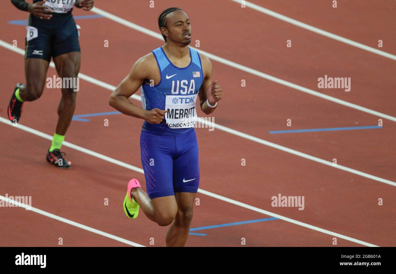 Aries Merritt (USA) Während der 3eme heizt Männer 110m Hürden Männer Halbfinale der IAAF Leichtathletik WM am 6. August im Olympischen Stadion in London 201St, Großbritannien Stockfoto