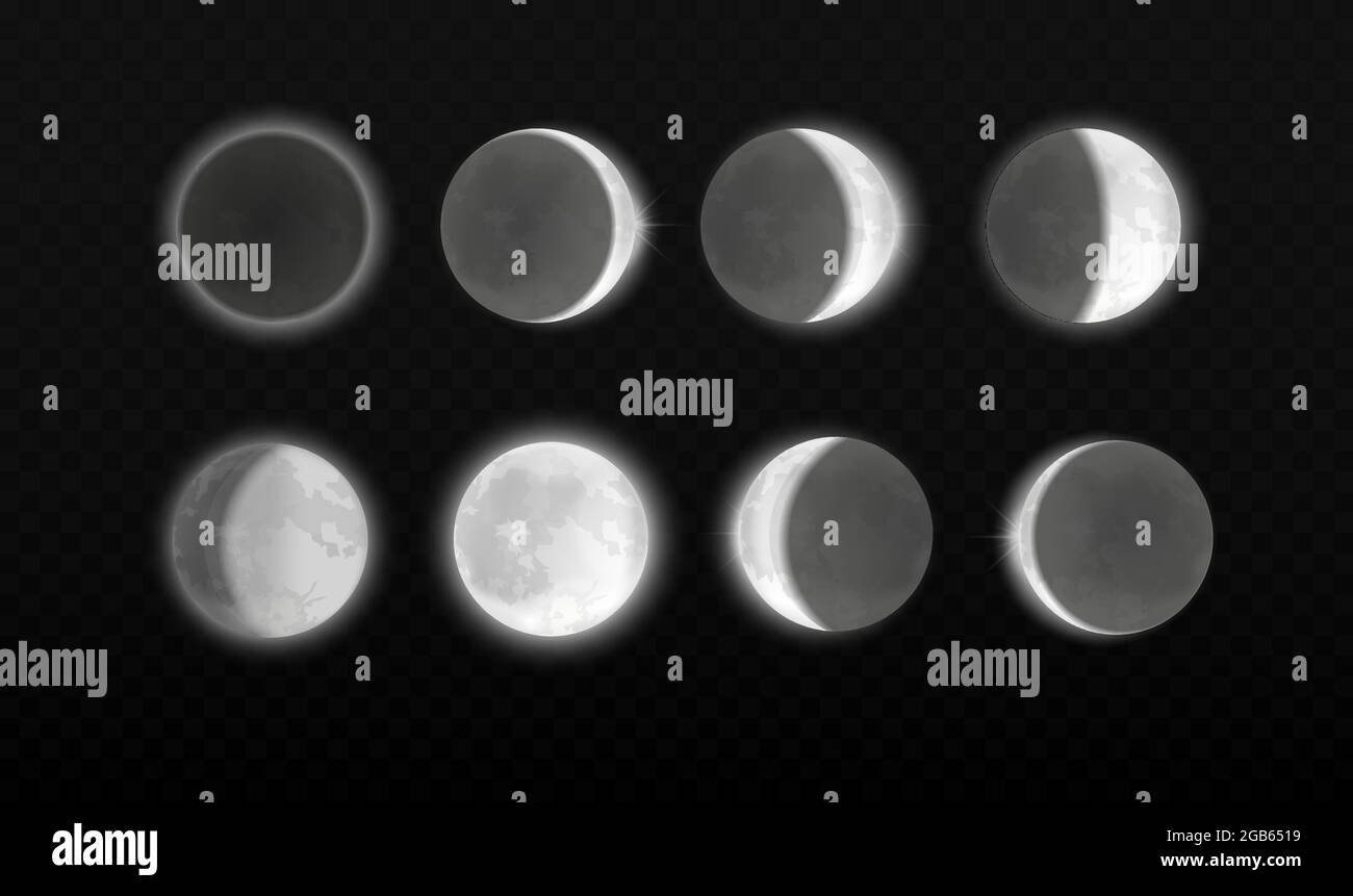 Mondfinsternis, verschiedene Phasen Astronomie-Infografik. Mondfinsternis im vollen Zyklus im wissenschaftlich transparenten Hintergrund, realistisches Mondlicht in Etappen Stock Vektor