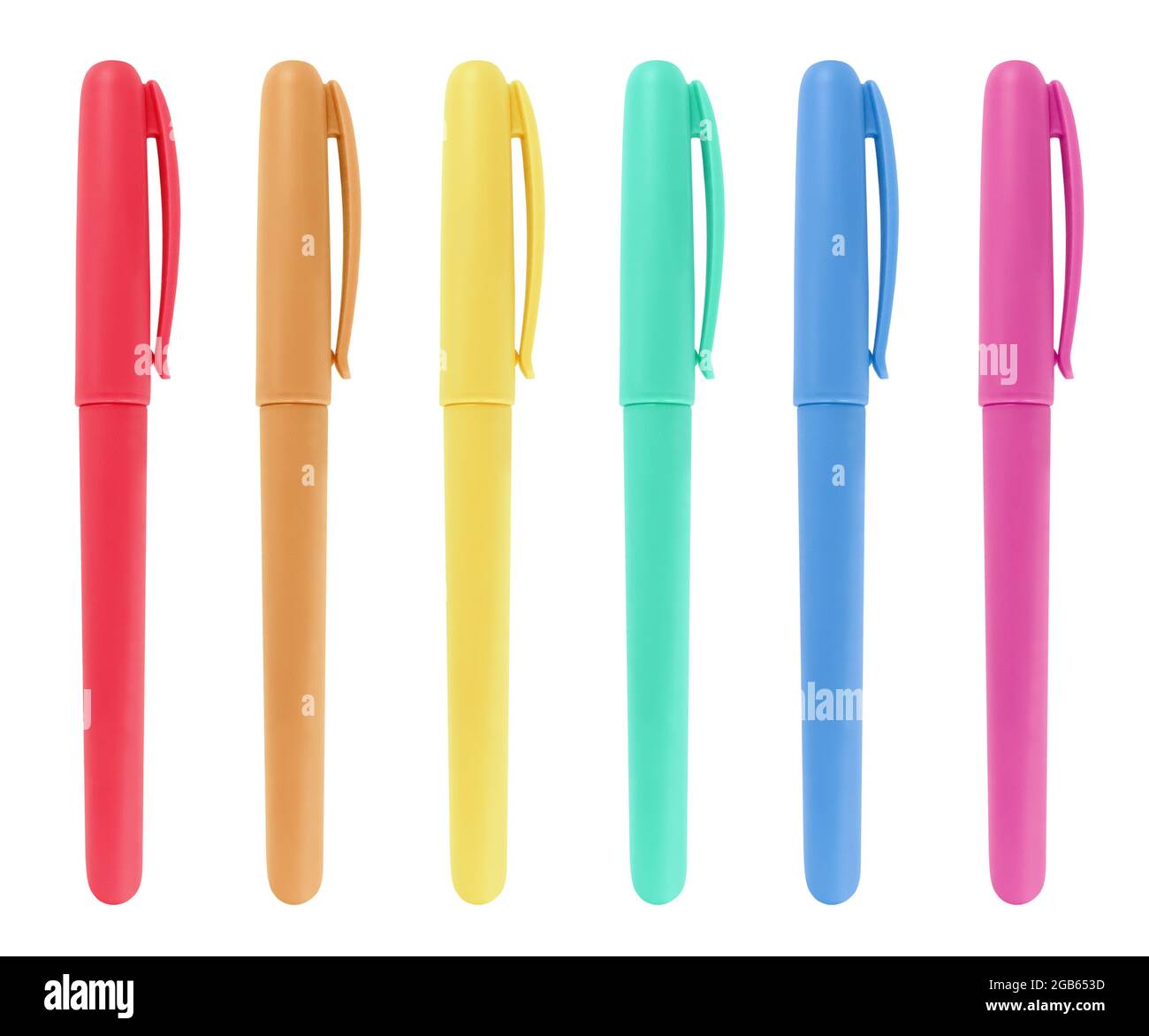 Mehrfarbiger Stiftsatz mit isolierter Kappe auf weißem Hintergrund Stockfoto