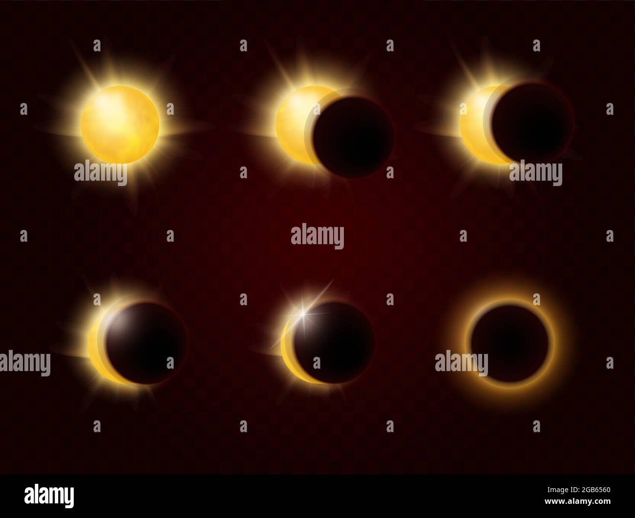 Sonnenfinsternis in verschiedenen Phasen, Vollzyklus, realistisches Sonnenglühen und Sonnenscheinring Stock Vektor