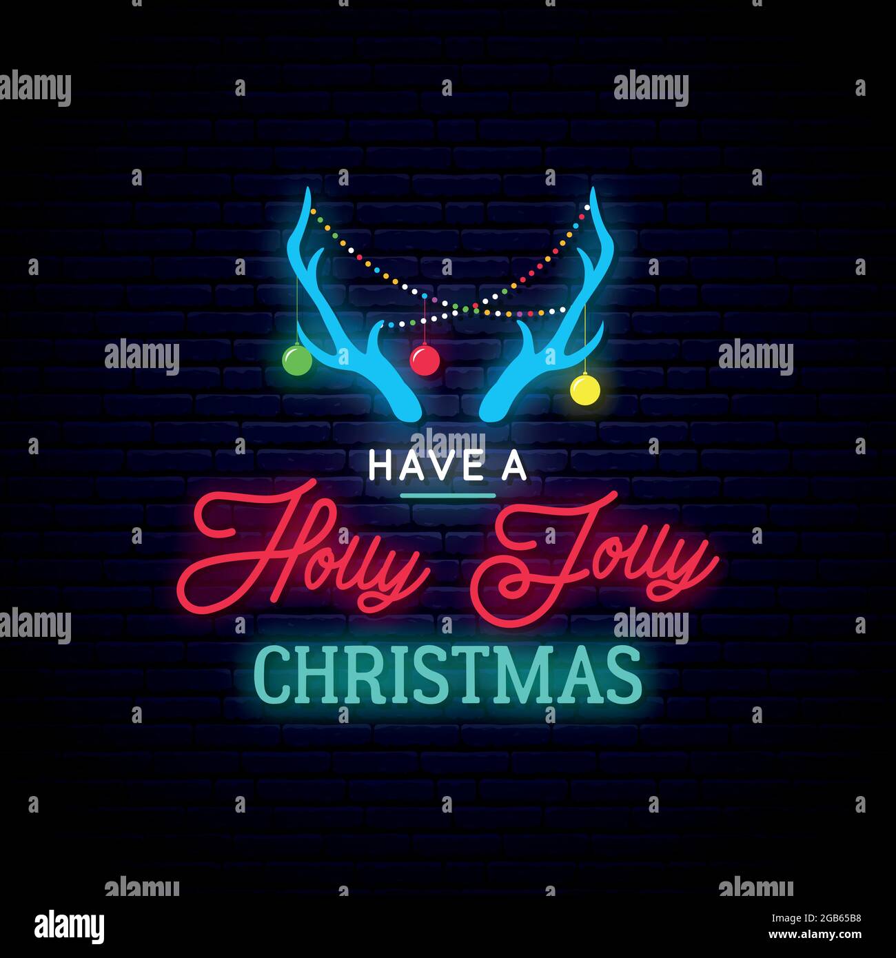 Hirschhörner mit dekorativen Girlanden im Neon-Stil. Weihnachtliches Vektor-Design. Stock Vektor