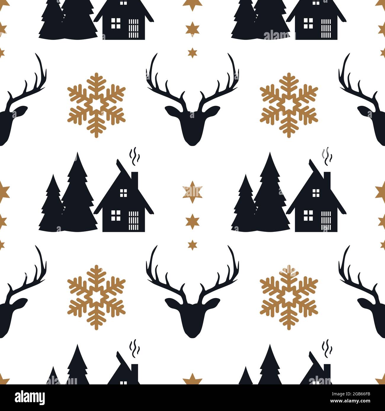 Weihnachtliches nahtloses Muster mit Hirschen, Häusern, Tannen, Schneeflocken und Sternen. Hintergrund zum neuen Jahr. Stock Vektor