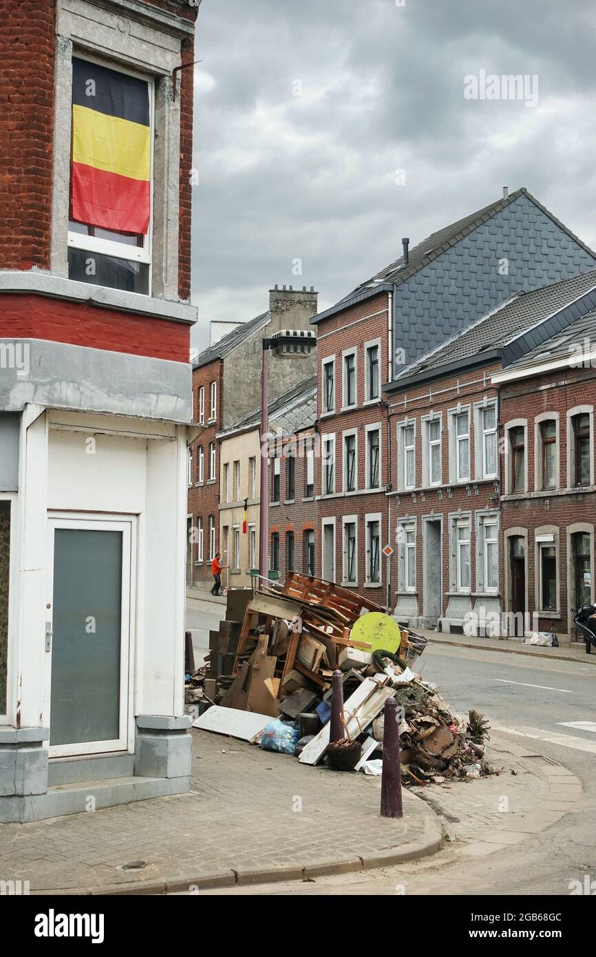 Belgische Flagge bei einem Haus Stockfoto