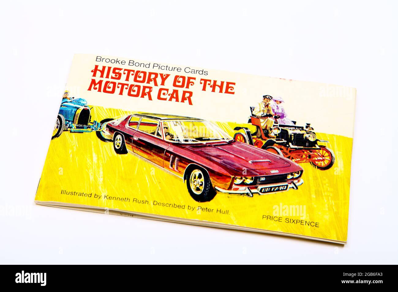 Brooke Bond Bildkarten Buch die Geschichte des Automobils isoliert auf weißem Hintergrund Stockfoto