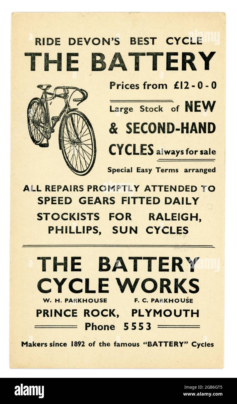 Originale Postkarte aus dem frühen 19. Jahrhundert für die Battery Cycle Works, Plymouth, Devon, Großbritannien , Oldtimer-Radfahren, ca. 1936 Stockfoto