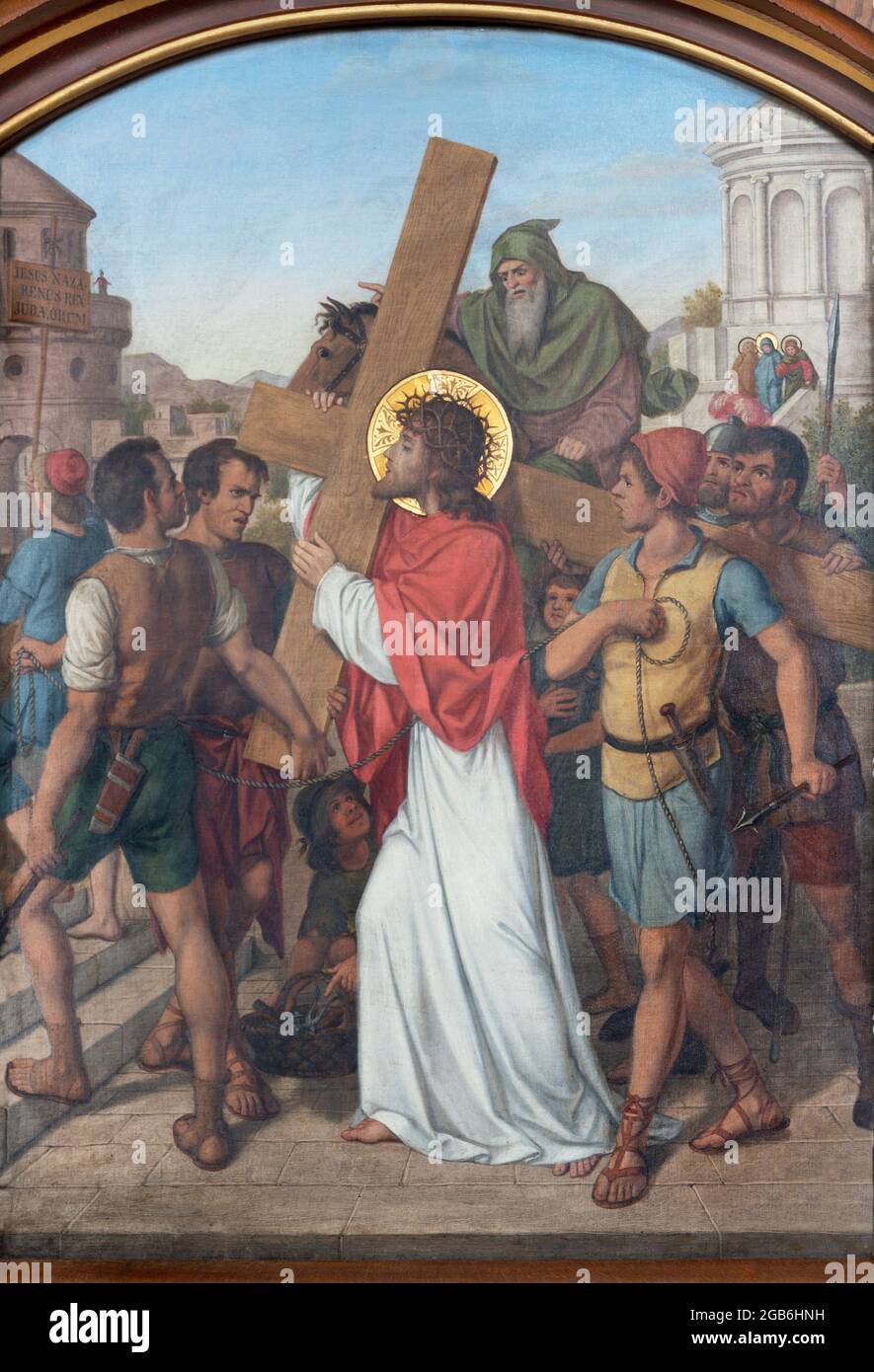WIEN, AUSTIRA - 17. JUNI 2021: Das Gemälde Jesus trägt sein Kreuz als Teil der Kreuzweg Stationen in der Kirche Marienkirche Stockfoto