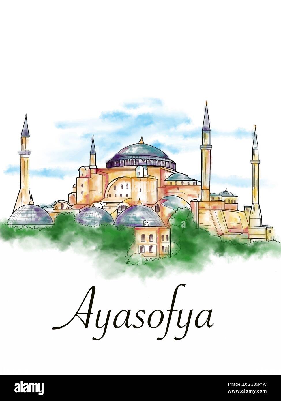 Die Hagia Sophia - Ayasofya Museum in der Türkei Illustration und Text Aquarell Stockfoto