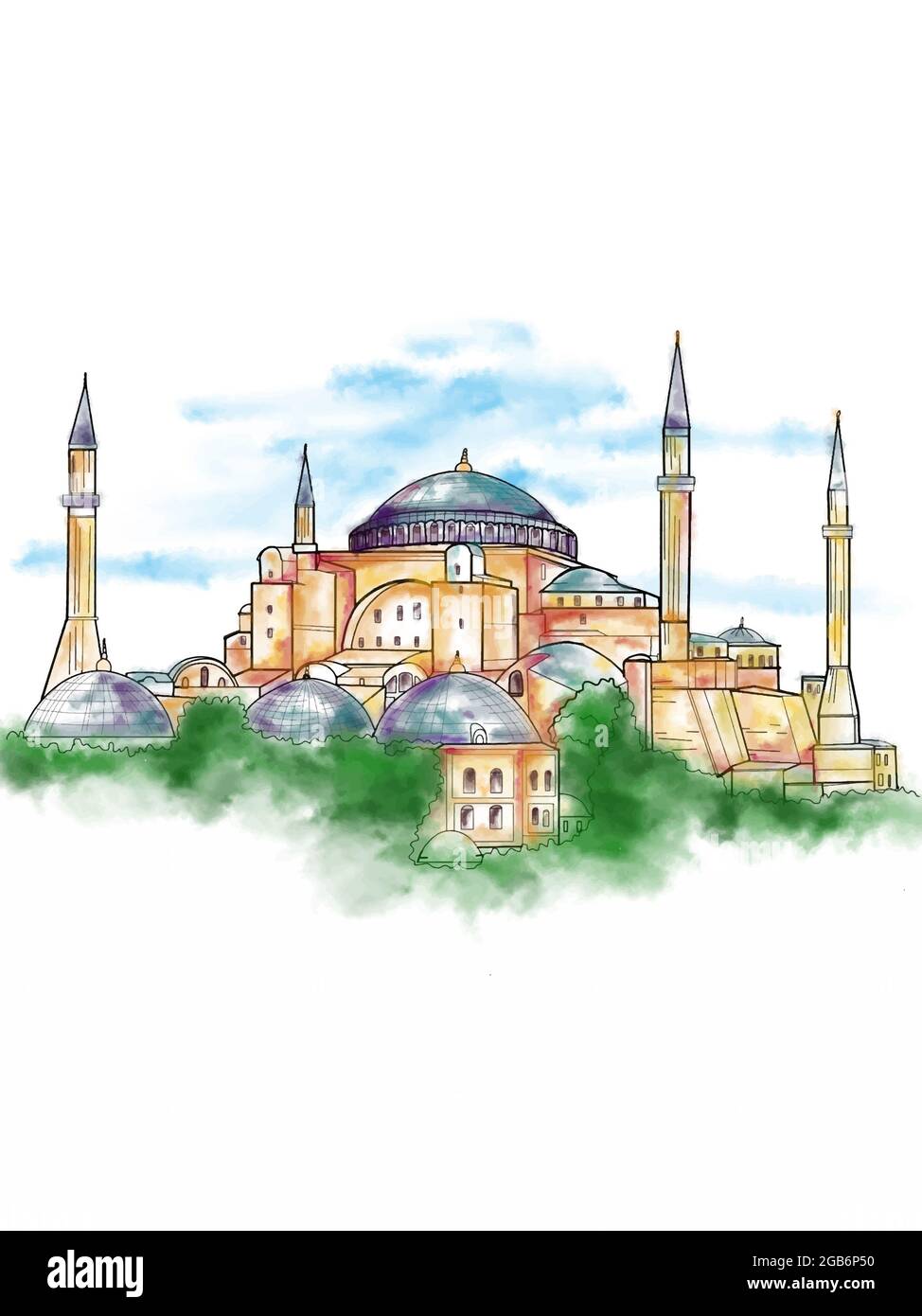 Die Hagia Sophia - Ayasofya Museum in der Türkei Illustration und Text Aquarell Stockfoto