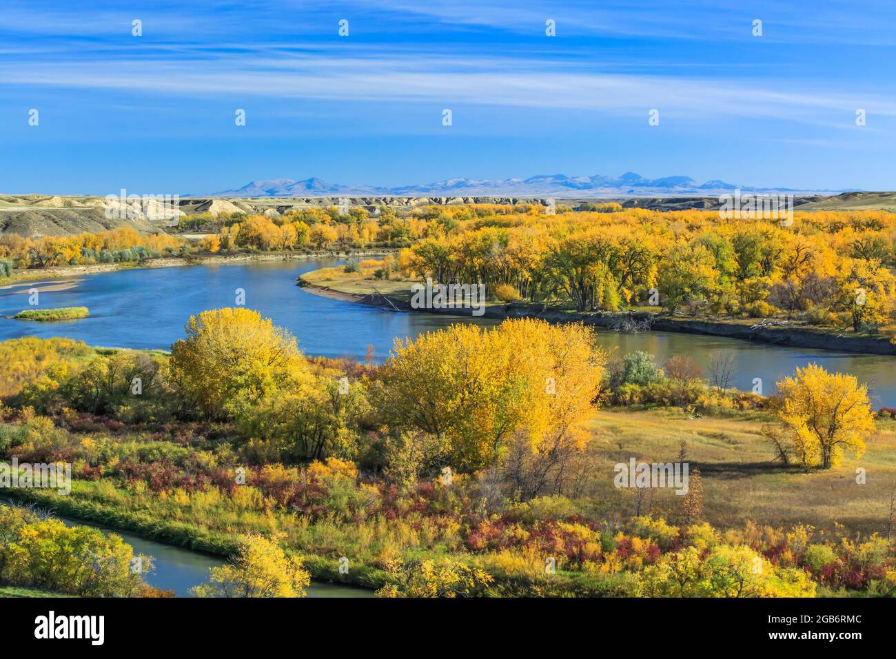 Farben des Herbstes entlang des Missouri River in der Nähe von Loma, Montana, mit der Bearpaw-Berge in der Ferne Stockfoto
